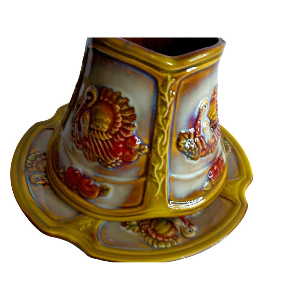 Tii Collections Thanksgiving Turkey Ceramic Candle Shade & Tray Plate Brown Fall
